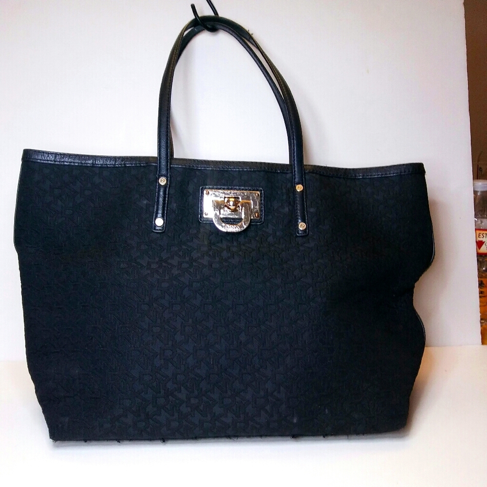 DKNY Black Lined Logo Tote, 17" x 18.5"
